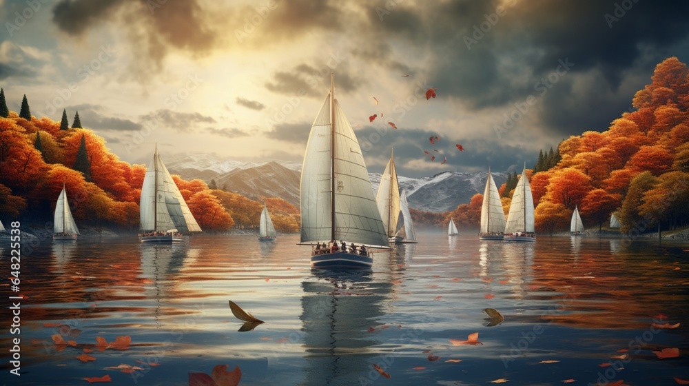an elegant AI image of a lakeside regatta with sailboats racing on the water - obrazy, fototapety, plakaty 