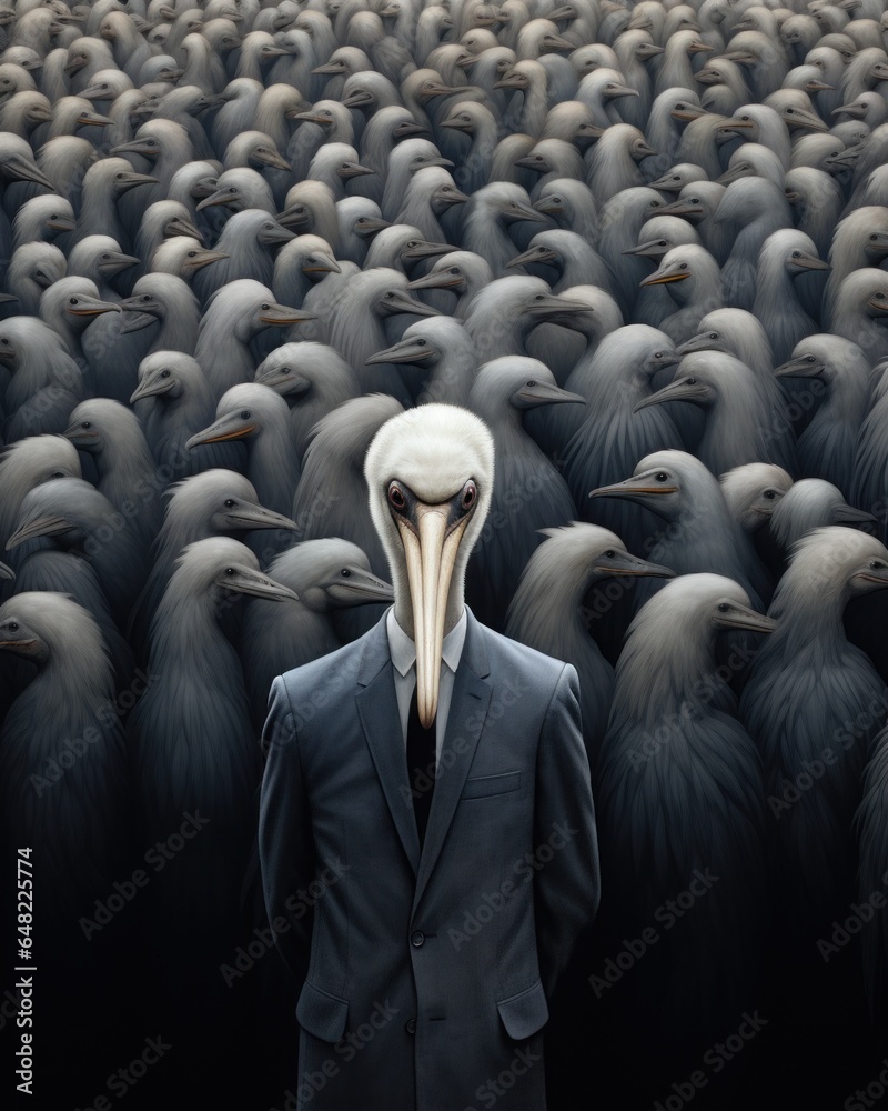 Obraz premium Avian Businessman with Surreal Beak Head Standing Among Flocks