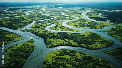 Aerial View of River Delta with Lush Green Vegetation and Winding Waterways