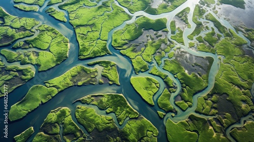 Aerial View of River Delta with Lush Green Vegetation and Winding Waterways photo