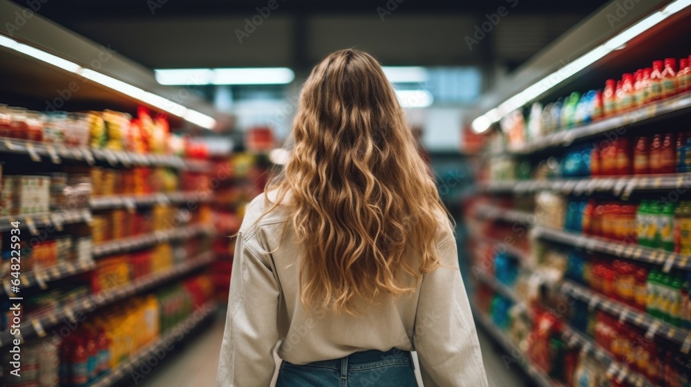 Young American Woman Shopping for Groceries in Supermarket (Rear View)