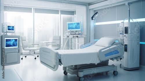 White Minimalistic Hospital Patient Room with Bed Furniture and Medical Technology Computers for Diagnosing and Curing People