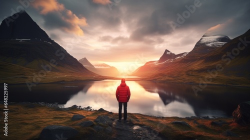 Silhouette of a Person Gazing at Nordic Fjord Mountains and Sunset Sea Lake 