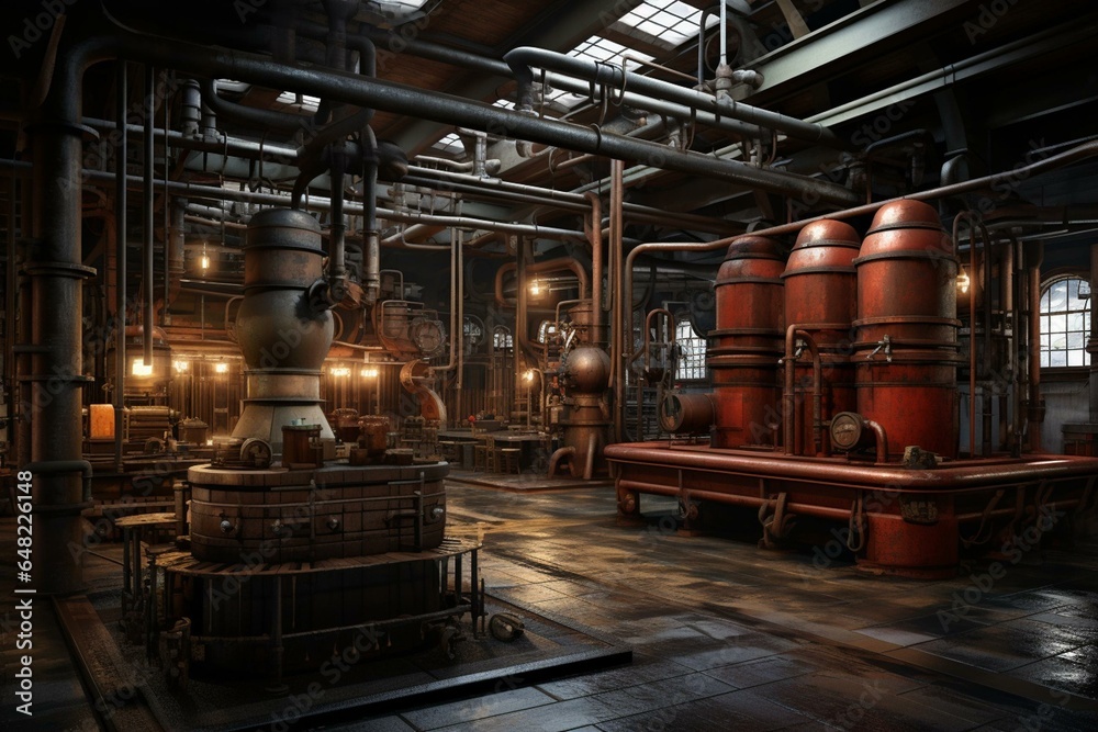 Modern factory's interior with pipes, barrels, and a rich industrial history. Generative AI
