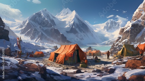 an elegant AI image of a mountaineering base camp with colorful tents and gear photo
