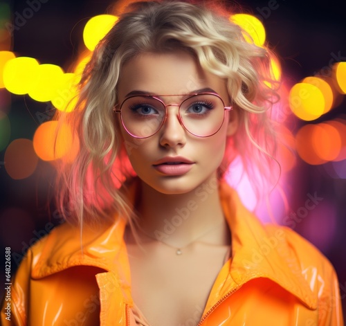 A futuristic woman wearing a bold yellow jacket and glasses stands out in a captivating portrait of fashion and light