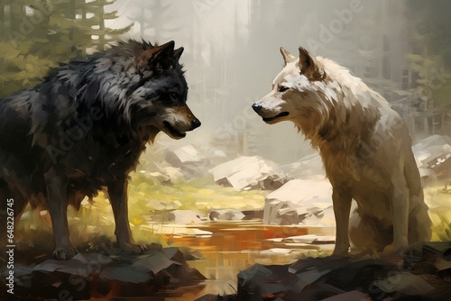 two wolves talking. Generative AI photo