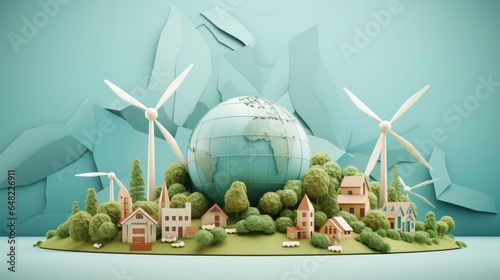 Paper Craft   Globe surrounded by wind turbines and solar panels   symbolizing renewable energy