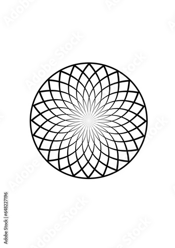 komplexes rotationssymmetzrisches gitter in form einer blüte mit sich vielfach kreuzenden und zum zentrum hin verjüngenden linien, mandala, rosette, modern art
