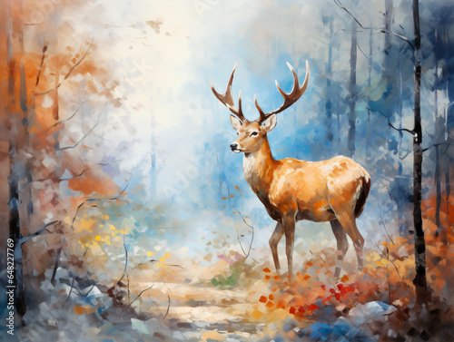 A deer in autumn forest calm and peacful in watercolor and acrylic style