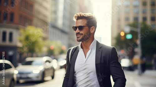 Smiling American Businessman in Suit, City Stroll, AI Generated © DVS