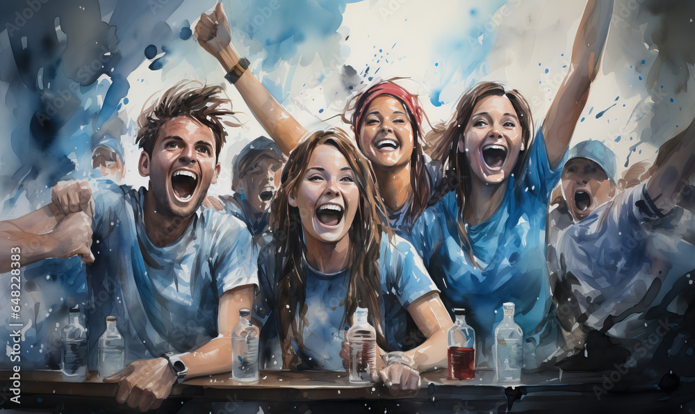 Watercolor, a group of young people having fun in a bar. - obrazy, fototapety, plakaty 