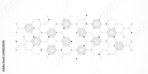 Medical background and healthcare technology with flat icons and symbols. Design template of concept and idea for health care business, innovation medicine, health safety, science. Vector illustration