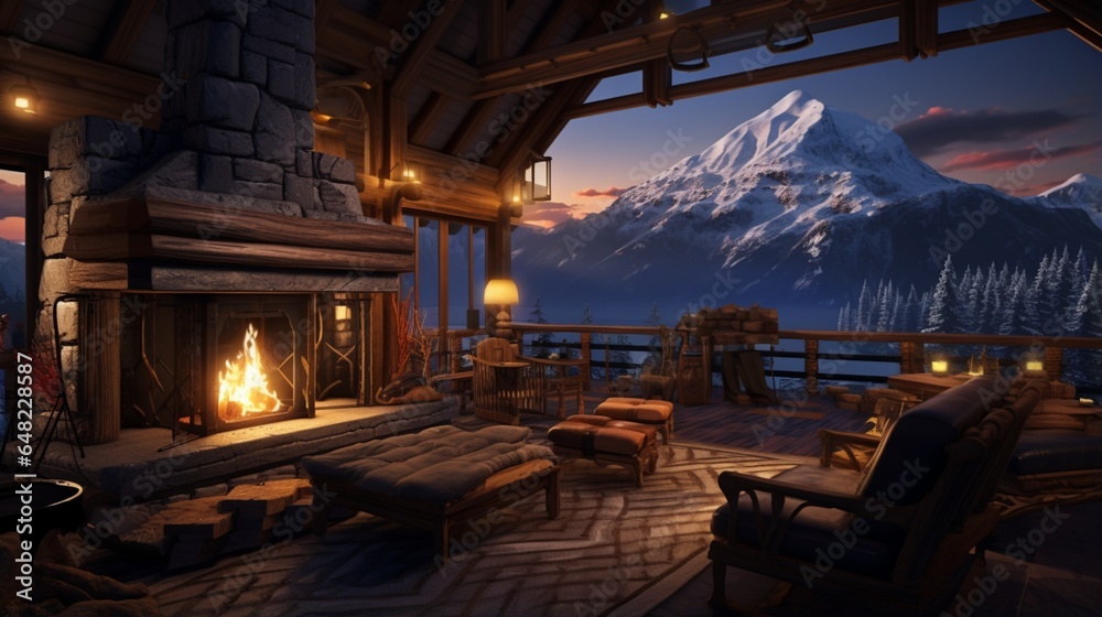  A cozy cabin with a large fireplace, overlooking the snowcapped mountains at night. The interior is decorated in warm colors and has comfortable sofas for relaxing after skiing.