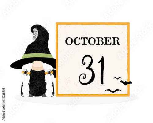 A Halloween gnome witch with October 31 date, in a cut paper style with textures
