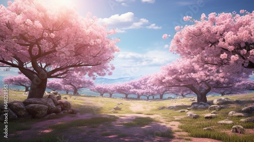 an elegant AI image of a tranquil cherry blossom orchard in spring