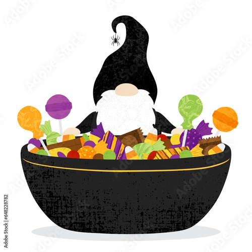 A Halloween gnome with a large candy bowl, in a cut paper style with textures
