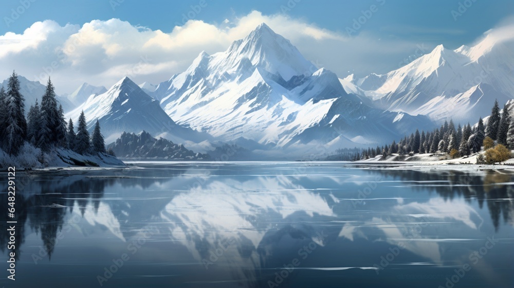  Snowy mountains, reflecting in the lake, with pine trees on both sides of it. In front is an ice-covered mountain peak covered in snow and clouds. The background features a blue sky