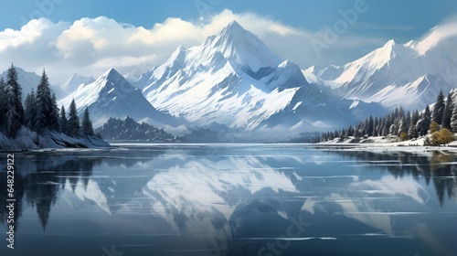  Snowy mountains, reflecting in the lake, with pine trees on both sides of it. In front is an ice-covered mountain peak covered in snow and clouds. The background features a blue sky © Wajid