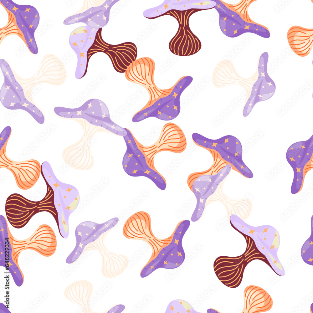 Hand drawn psychedelic mushrooms seamless pattern. Magical fly agaric wallpaper. Hand drawn psychedelic mushrooms seamless pattern. Magical fly agaric wallpaper.