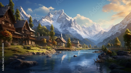 an elegant AI image of a serene alpine village with chalet-style architecture