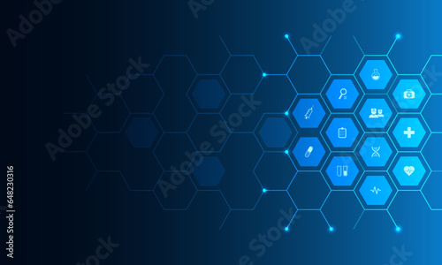 Healthcare and technology concept with flat icons and symbols. Template design for health care business, innovation medicine, pharmaceutical industry, science, medical research.