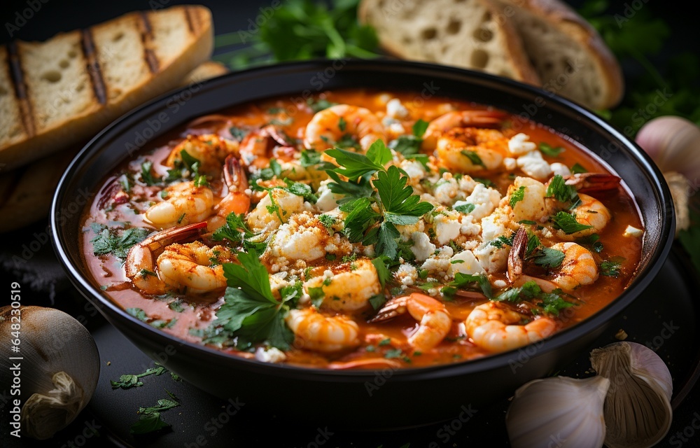 Top view of a delicious Mediterranean-style tomato seafood soup made with a variety of mixed shellfish. Generative AI