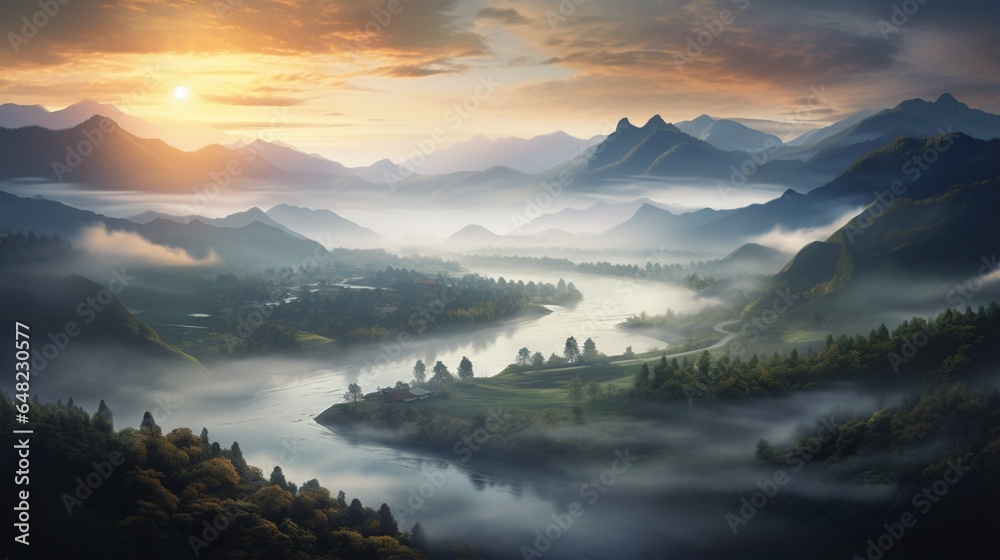 an elegant and serene picture of a misty, ethereal valley at sunrise