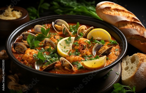 Top view of a delicious Mediterranean-style tomato seafood soup made with a variety of mixed shellfish. Generative AI