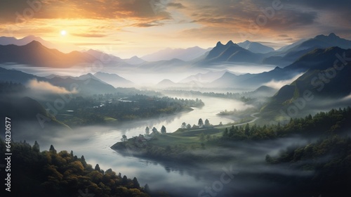 an elegant and serene picture of a misty, ethereal valley at sunrise