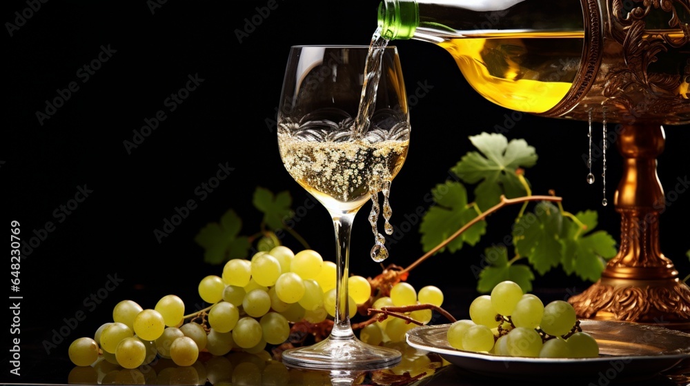 an elegant and sophisticated view of a wine glass with white wine being poured from a carafe adorned with grapes