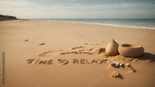 time to relax, concept written on sandy beach. (Productive AI)
