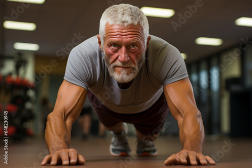 strong and muscular aged senior man exercising and does push-ups