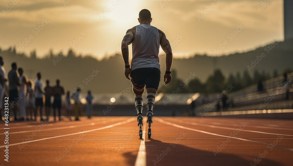 Disabled male runner on prosthetic leg disable man on sport race sport center stadium in sunset sport active background concept - obrazy, fototapety, plakaty 