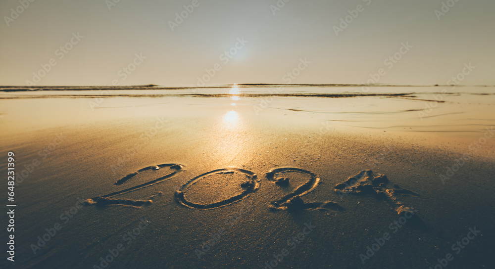 Happy New Year 2024 ocean sunrise on the beach shore concept - obrazy, fototapety, plakaty 