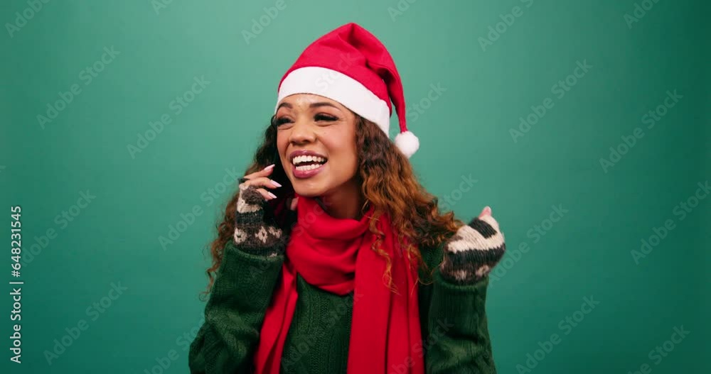 Beautiful young woman gets good news at Christmas, surprise excitement, studio Beautiful young woman gets good news at Christmas, surprise excitement, studio