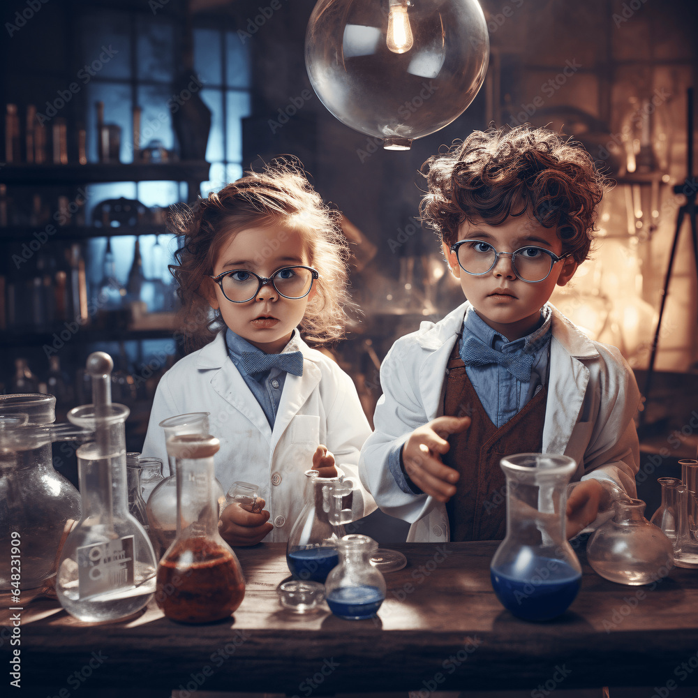 Children enthusiastically dress scientists,donning lab coats safety