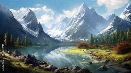 an elegant image of a valley with a crystal-clear lake reflecting the surrounding mountains