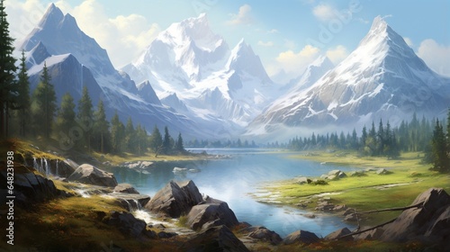 an elegant image of a valley with a crystal-clear lake reflecting the surrounding mountains