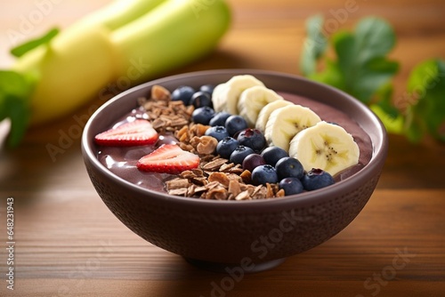 Close-up of a healthy acai bowl adorned with chocolate and banana on a colorful background. Generative AI