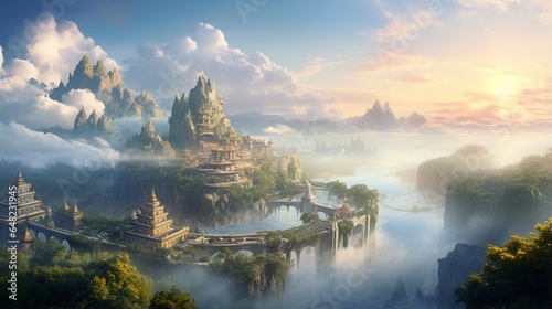 an elegant image of a valley with a serene temple perched on a hilltop