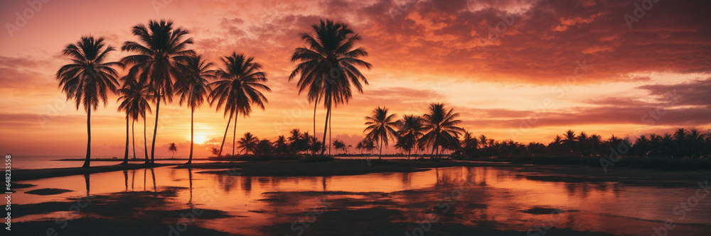 Surreal sunset with black palms in front