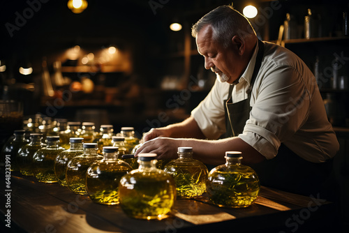 Artisans hands sealing branded labels on extra virgin olive oil in a cozy workshop 