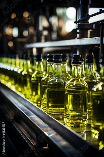 Industrial conveyor belt with olive oil bottles modern packaging process background with empty space for text 