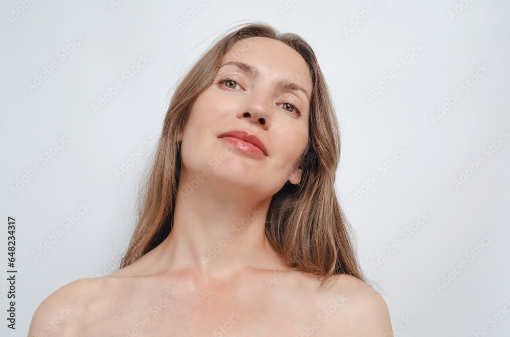 Photo of sweet woman naked shoulders empty space isolated white background
