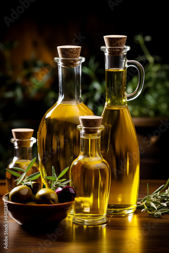 Bottled organic olive oil arranged artistically fresh harvest in the background with empty space for text 