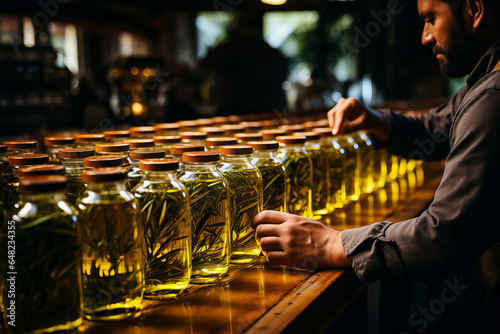 Hand labeling bottles of extra virgin olive oil traditional old fashioned process background with empty space for text 