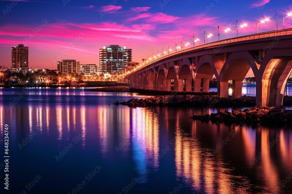 Sarasota city glows at dusk with radiant bridge. Generative AI