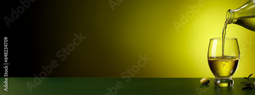 Hand pouring organic olive oil into a glass bottle isolated on a green gradient background 