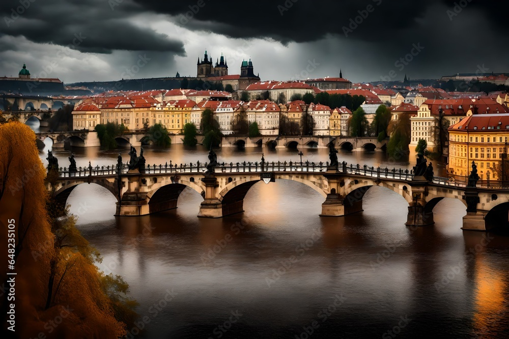Prague bridge at storm